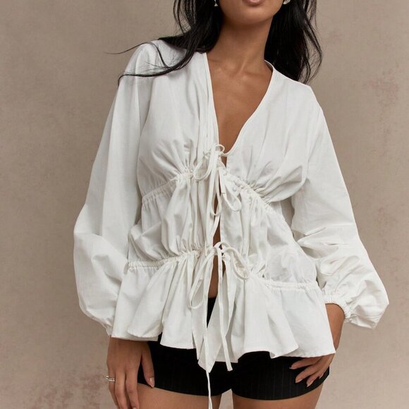 White Casual Women's Boho Tiered Ruched Balloon Long Sleeves Blouse - Picture 4 of 4